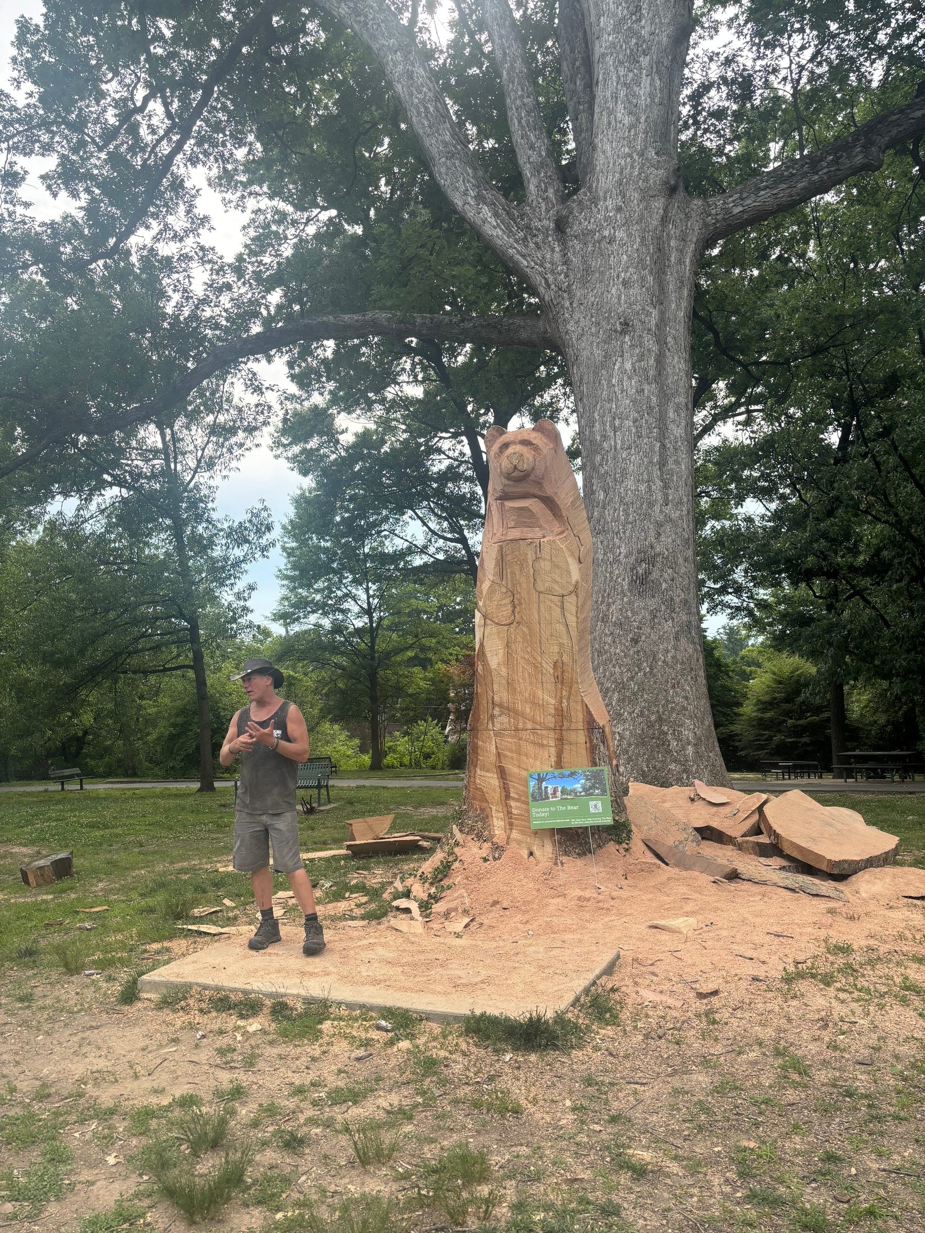 The bear’s shape beginning to emerge from the oak as the carving gets underway