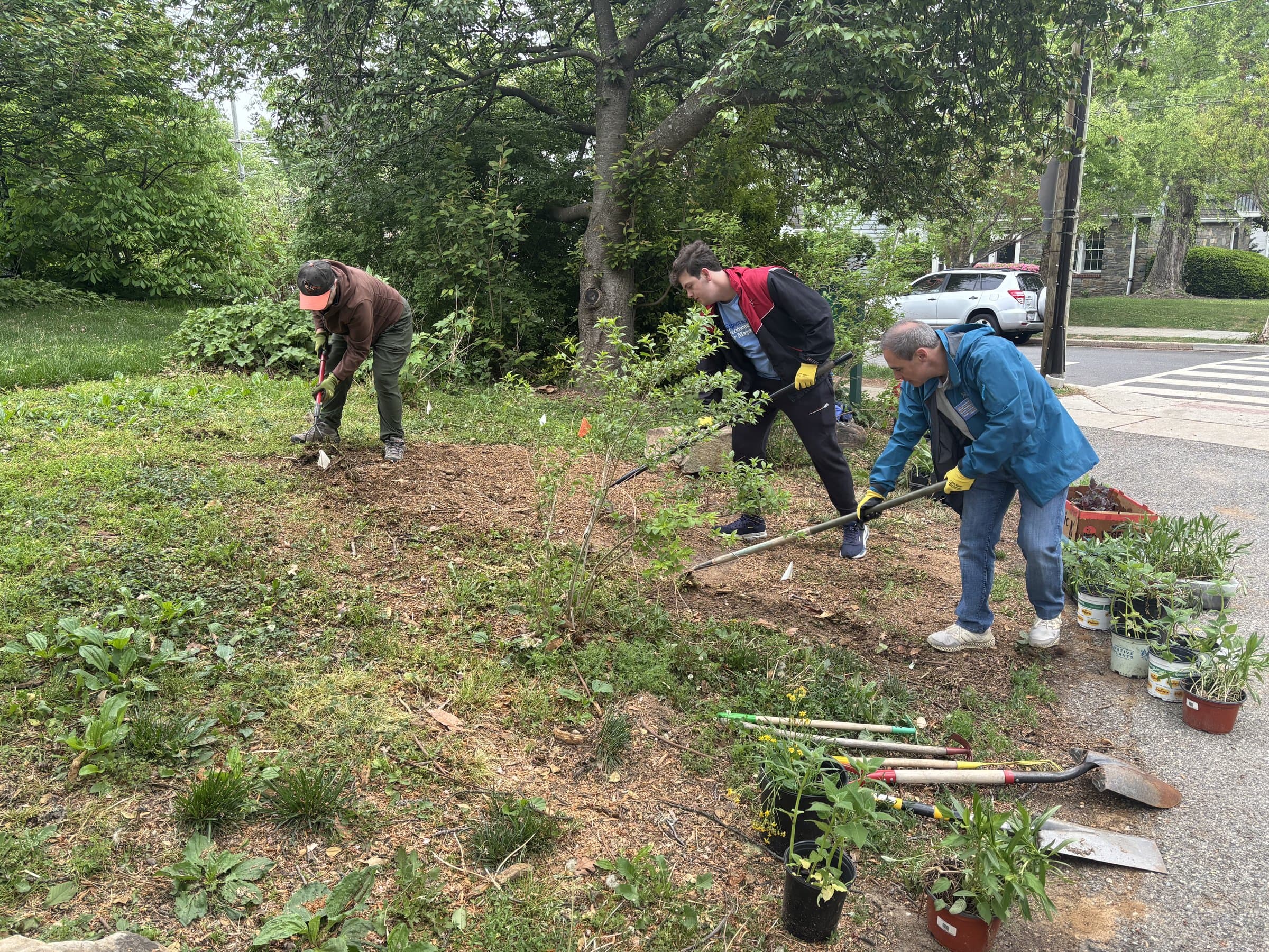 Volunteers digging and planting along a roadside bed during a cleanup workday